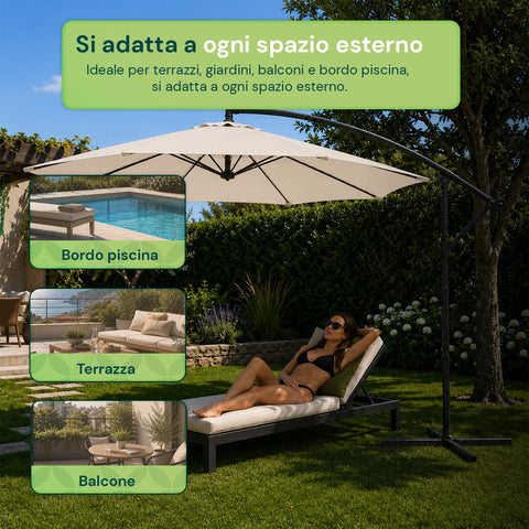 Ombrellone Rotondo Ø3m Decentrato Braccio Laterale in Acciaio, Manovella, Poliestere 180gr Impermeabile UV per Giardino e Terrazzo