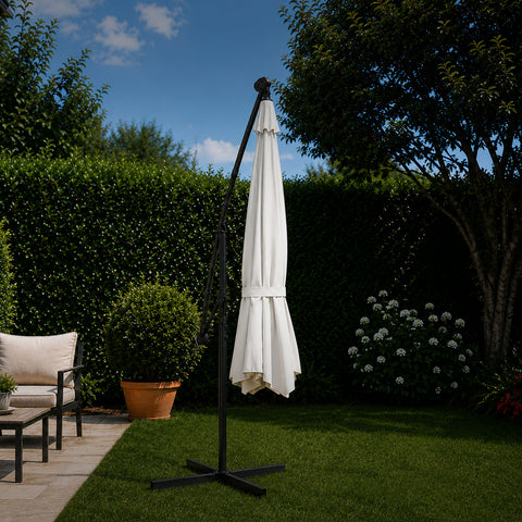 Ombrellone Rotondo Ø3m Decentrato Braccio Laterale in Acciaio, Manovella, Poliestere 180gr Impermeabile UV per Giardino e Terrazzo