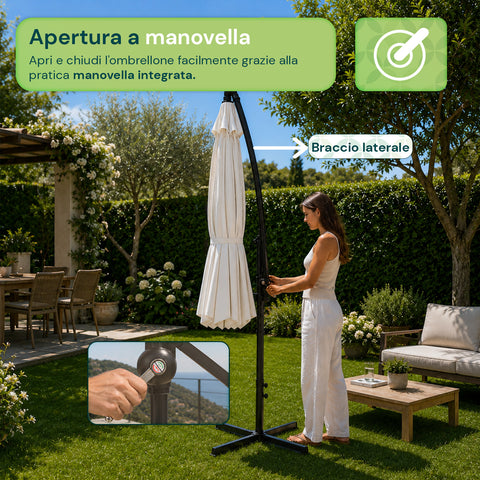 Ombrellone Rotondo Ø3m Decentrato Braccio Laterale in Acciaio, Manovella, Poliestere 180gr Impermeabile UV per Giardino e Terrazzo