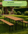 Set Tavolo e 2 Panche Pieghevoli da Giardino 120cm / 180cm in Legno con Struttura in Ferro e Foro Ombrellone 5cm – Portata Tavolo 200kg