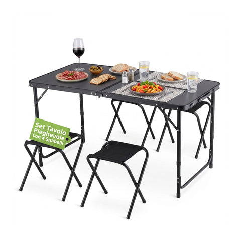 Set Tavolo Pieghevole da Campeggio con 4 Sgabelli – Struttura in Alluminio Leggera e Robusta – Tavolo Regolabile in 3 Altezze – Portata 50kg/100kg – Design a Valigetta Salvaspazio