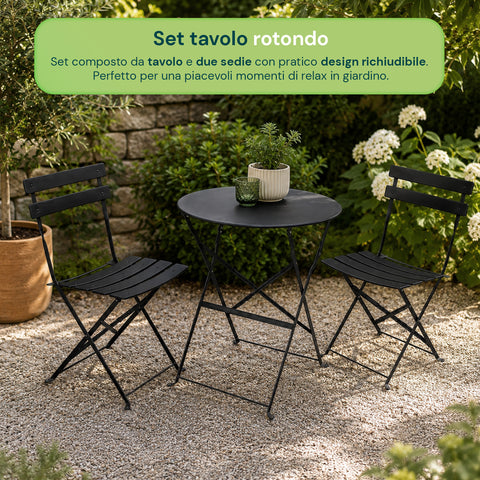 Set Tavolo e 2 Sedie Richiudibili in Ferro da Giardino – Tavolo Rotondo ø 60cm e 2 Sedie Salvaspazio – Portata 150kg/100kg