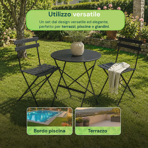 Set Tavolo e 2 Sedie Richiudibili in Ferro da Giardino – Tavolo Rotondo ø 60cm e 2 Sedie Salvaspazio – Portata 150kg/100kg