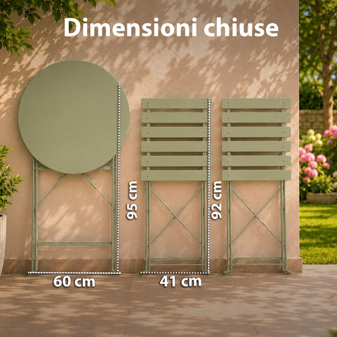 Set Tavolo e 2 Sedie Richiudibili in Ferro da Giardino – Tavolo Rotondo ø 60cm e 2 Sedie Salvaspazio – Portata 150kg/100kg