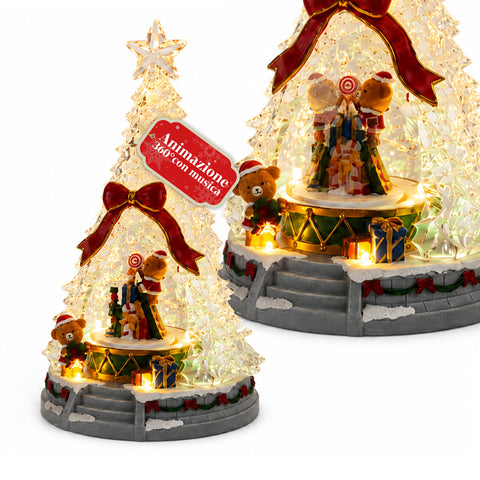 Podświetlana choinka JoyTree z muzyką i animacją 360°, światłami LED, scenką z misiami i dziadkami do orzechów, podwójnym zasilaniem USB, 32,5 cm