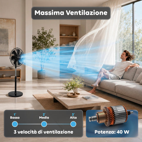 Ventilatore a Piantana 40W con 7 Pale, 3 Velocità, Altezza Regolabile 80-100cm