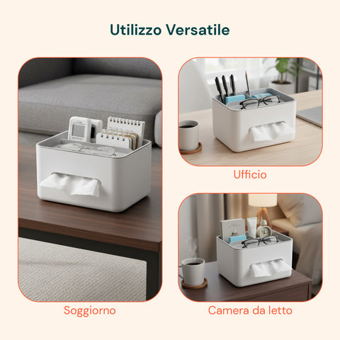 Dispenser Multiuso da Tavolo - Organizer con 3 Scomparti e Porta Fazzoletti