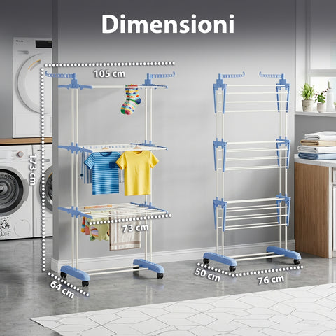 Stendibiancheria Verticale a 3 Livelli in Ferro e PP, Estensibile e con Ruote Pivottanti – L105xP64xA173cm, Portata 20kg