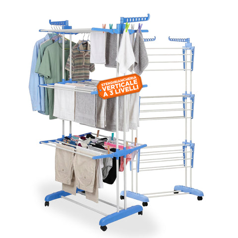 Pionowa suszarka na pranie z 3 poziomami, wykonana z żelaza i PP, rozkładana, z obrotowymi kółkami – L105xP64xA173 cm, nośność 20 kg