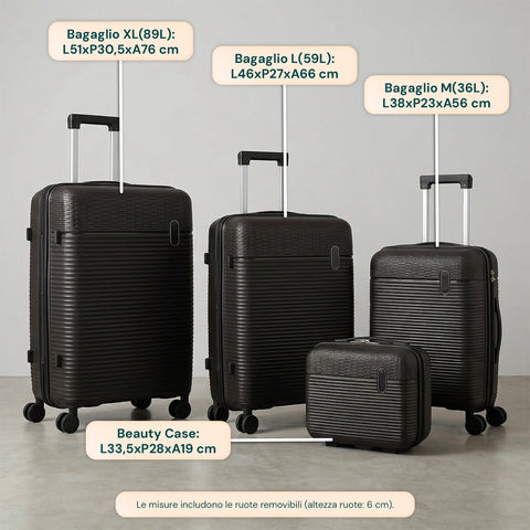 Set 3 Trolley Rigidi da Viaggio + Beauty Case con 4 Ruote Multidirezionali (56-66-76 cm)
