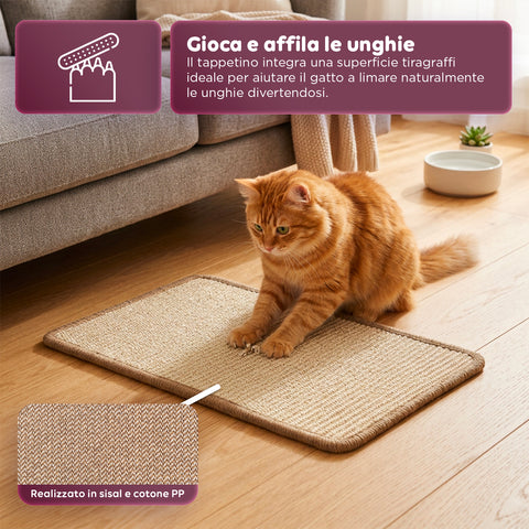 Tappeto Tiragraffi per Gatti 50x30cm in Sisal Naturale e Cotone PP – Fondo Antiscivolo in Lattice con Adesivi