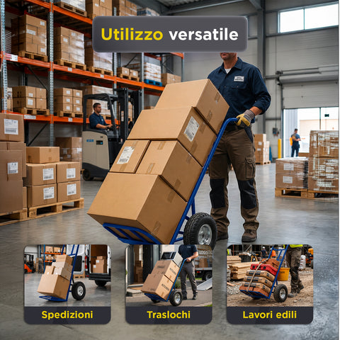 Carrello da Carico Professionale 250 kg in Acciaio - Nero con Ruote Pneumatiche Antiforo
