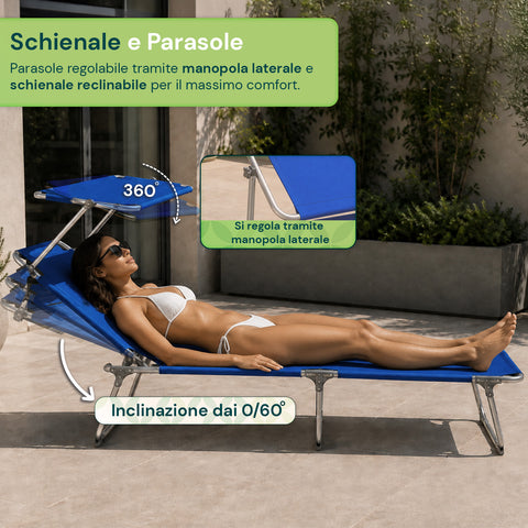 Lettino Prendisole Pieghevole in Tessuto Oxford – Rinforzi in Alluminio, Parasole Girevole 360° e Schienale Reclinabile 0-60° – Portata 100kg