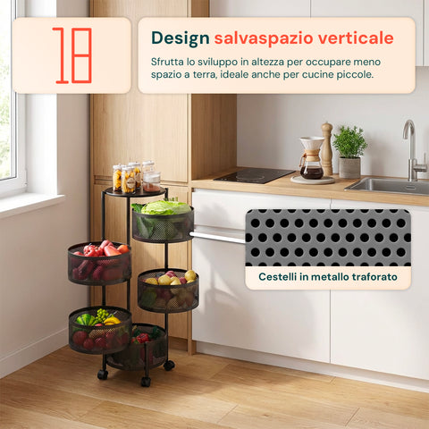 Carrello multiuso nero con ruote per cucina e bagno