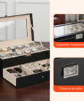 Organizer Porta Orologi e Gioielli in Pelle Nera con Coperchio in Vetro
