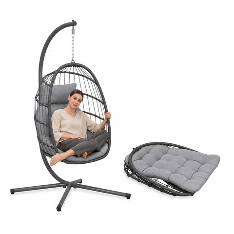 Poltrona Sospesa da Giardino Richiudibile con Cuscini Imbottiti  in Acciaio Zincato e Effetto Rattan -  Portata 160kg