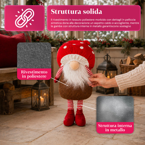 Gnomo Natalizio Fungo con Barba 50 cm, Ornamento Decorativo di Natale