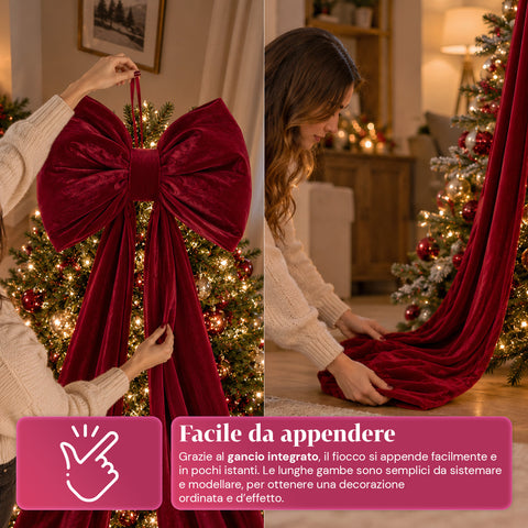 Fiocco Grande in Velluto Rosso 190 cm – Ornamento Imbottito con Gancio, Decorazione per Porta, Albero e Interni