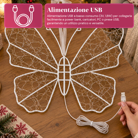 Biały świecący motyl LED 50x40 cm – dekoracyjna lampa z żelaza ze złotym przewodem, ciepłym i zimnym białym światłem, zasilaniem USB i haczykiem