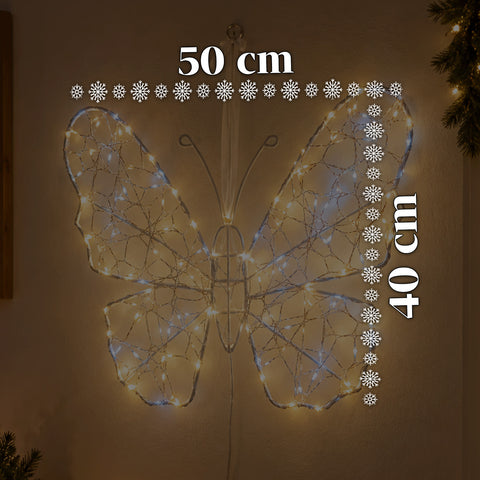 Biały świecący motyl LED 50x40 cm – dekoracyjna lampa z żelaza ze złotym przewodem, ciepłym i zimnym białym światłem, zasilaniem USB i haczykiem