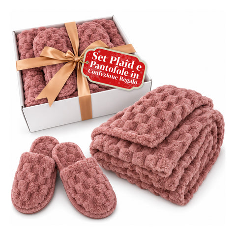 Set Coperta e Pantofole Soffici e Avvolgenti | Plaid Morbido 125x170 cm, Ciabatte Taglia Unica, 4 Colori