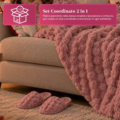 Set Coperta e Pantofole Soffici e Avvolgenti | Plaid Morbido 125x170 cm, Ciabatte Taglia Unica, 4 Colori