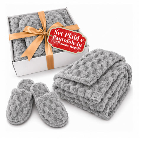 Set Coperta e Pantofole Soffici e Avvolgenti | Plaid Morbido 125x170 cm, Ciabatte Taglia Unica, 4 Colori