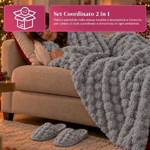 Set Coperta e Pantofole Soffici e Avvolgenti | Plaid Morbido 125x170 cm, Ciabatte Taglia Unica, 4 Colori