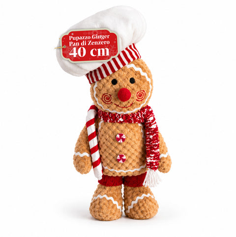 Pluszowa figurka piernikowego ludzika Ginger o wysokości 30 lub 40 cm – dekoracja bożonarodzeniowa z czapką kucharską lub świąteczną czapką