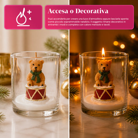 Świeca bożonarodzeniowa w szklanym naczyniu, 7 cm – miś w czapce Świętego Mikołaja lub miś na bębnie – dekoracja i ozdoba stołu