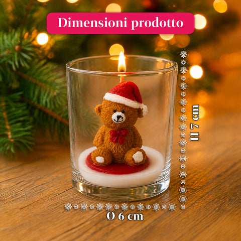 Świeca bożonarodzeniowa w szklanym naczyniu, 7 cm – miś w czapce Świętego Mikołaja lub miś na bębnie – dekoracja i ozdoba stołu