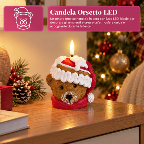 Candela Natalizia LED a Batteria in 3 Varianti – Babbo Natale con Albero, Orsetto e Viso Orso, Fiamma Effetto Reale, Decorazione Natale