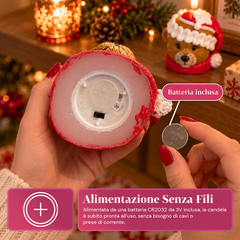 Candela Natalizia LED a Batteria in 3 Varianti – Babbo Natale con Albero, Orsetto e Viso Orso, Fiamma Effetto Reale, Decorazione Natale
