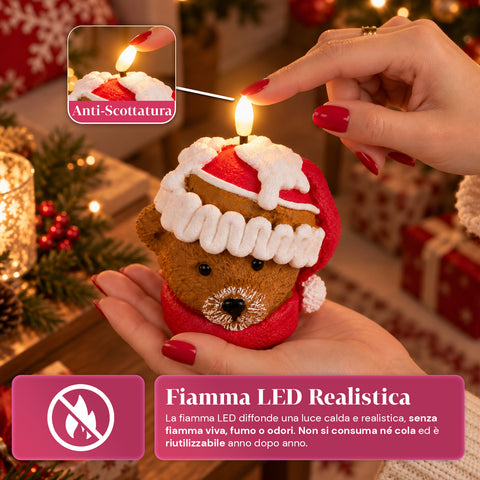 Candela Natalizia LED a Batteria in 3 Varianti – Babbo Natale con Albero, Orsetto e Viso Orso, Fiamma Effetto Reale, Decorazione Natale