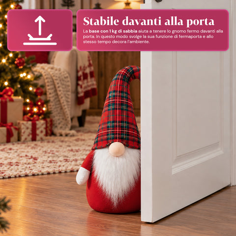 Świąteczny skrzat do blokowania drzwi o wysokości 60 cm z diodą LED w nosie, 3 trybami świecenia, wypełniony 1 kg piasku, miękki, poliestrowy – Bindbox