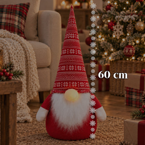 Świąteczny skrzat do blokowania drzwi o wysokości 60 cm z diodą LED w nosie, 3 trybami świecenia, wypełniony 1 kg piasku, miękki, poliestrowy – Bindbox