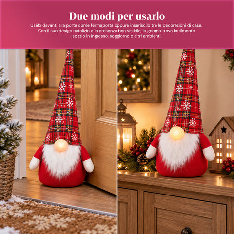 Świąteczny skrzat do blokowania drzwi o wysokości 60 cm z diodą LED w nosie, 3 trybami świecenia, wypełniony 1 kg piasku, miękki, poliestrowy – Bindbox