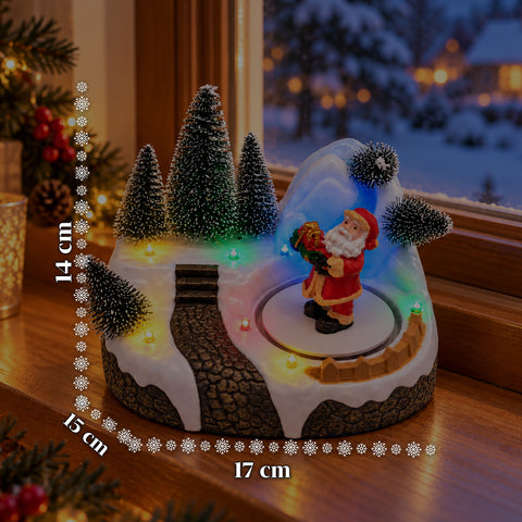 Podświetlana wioska bożonarodzeniowa z ruchomym elementem, światłami LED i muzyką – 3 warianty: choinka, Święty Mikołaj, dzieci – 17x14x15 cm