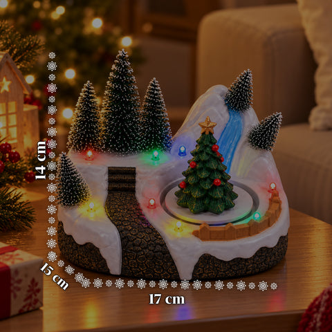 Podświetlana wioska bożonarodzeniowa z ruchomym elementem, światłami LED i muzyką – 3 warianty: choinka, Święty Mikołaj, dzieci – 17x14x15 cm