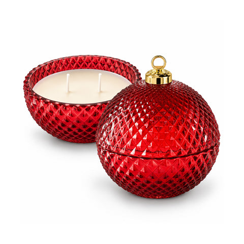 Candela Profumata in Vetro Decorato a Forma di Sfera o Albero – Fragranze Pino, Cannella e Vaniglia – Contenitore Riutilizzabile