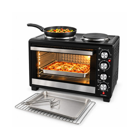 Piekarnik elektryczny 40 l z podwójną płytą grzejną, grillem, 5 trybami pieczenia, timerem 120 minut, temperaturą 100-250°C i podwójnymi szklanymi drzwiami