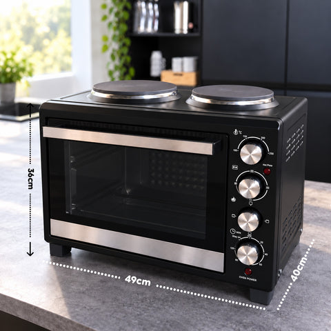 Piekarnik elektryczny 40 l z podwójną płytą grzejną, grillem, 5 trybami pieczenia, timerem 120 minut, temperaturą 100-250°C i podwójnymi szklanymi drzwiami