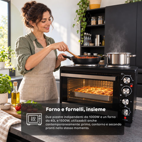 Piekarnik elektryczny 40 l z podwójną płytą grzejną, grillem, 5 trybami pieczenia, timerem 120 minut, temperaturą 100-250°C i podwójnymi szklanymi drzwiami