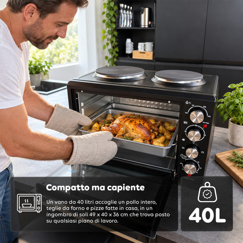 Piekarnik elektryczny 40 l z podwójną płytą grzejną, grillem, 5 trybami pieczenia, timerem 120 minut, temperaturą 100-250°C i podwójnymi szklanymi drzwiami