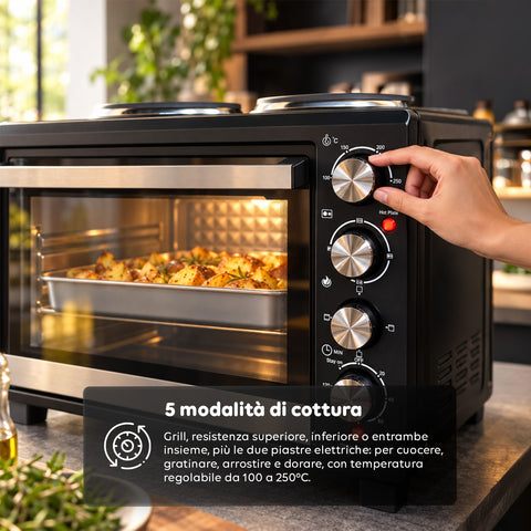 Piekarnik elektryczny 40 l z podwójną płytą grzejną, grillem, 5 trybami pieczenia, timerem 120 minut, temperaturą 100-250°C i podwójnymi szklanymi drzwiami