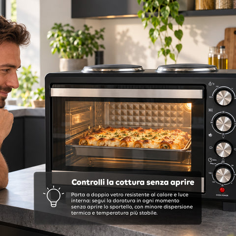 Piekarnik elektryczny 40 l z podwójną płytą grzejną, grillem, 5 trybami pieczenia, timerem 120 minut, temperaturą 100-250°C i podwójnymi szklanymi drzwiami