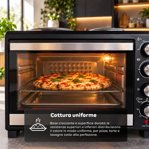 Piekarnik elektryczny 40 l z podwójną płytą grzejną, grillem, 5 trybami pieczenia, timerem 120 minut, temperaturą 100-250°C i podwójnymi szklanymi drzwiami