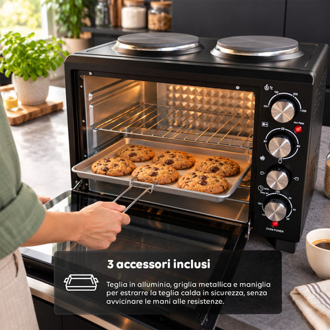 Piekarnik elektryczny 40 l z podwójną płytą grzejną, grillem, 5 trybami pieczenia, timerem 120 minut, temperaturą 100-250°C i podwójnymi szklanymi drzwiami
