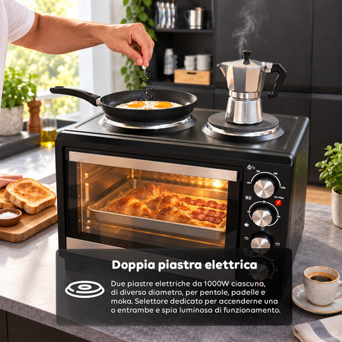Piekarnik elektryczny 40 l z podwójną płytą grzejną, grillem, 5 trybami pieczenia, timerem 120 minut, temperaturą 100-250°C i podwójnymi szklanymi drzwiami