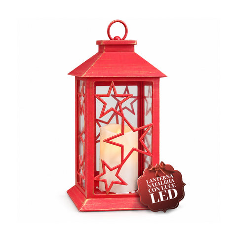 Czerwona świąteczna latarnia LED 30 cm, woskowa ze efektem płomienia, do zawieszenia lub postawienia, 14x14x30 cm, 2 dostępne dekoracje: gwiazdy lub płatki śniegu